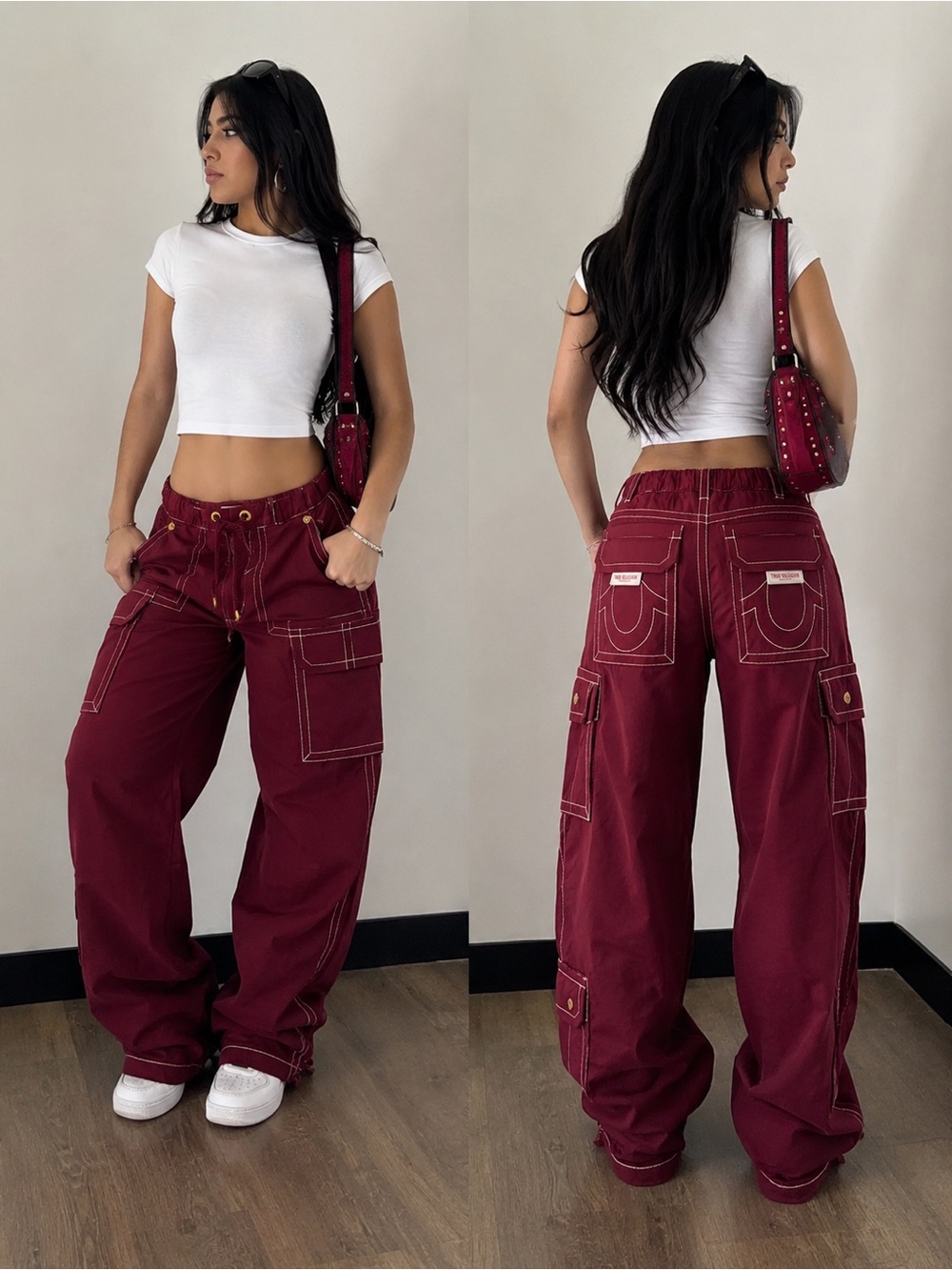 True Religion Burgundy Cargo Pants with White Stitching